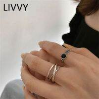 LIVVY Silver Color New Arrival Black Round Inlaid Zircon Rhinestone Chain Ring Cool Fashion Women Elegant Open Кольцо