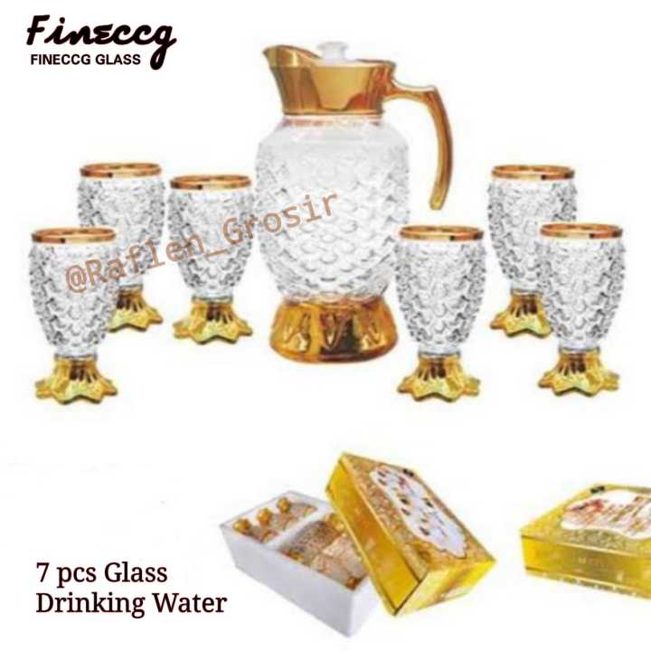 Fineccg Glass 7 Pcs Glass Drinking Water Set 1 Eskan Teko 6 Gelas Model Ikan Bahan Kaca 7897