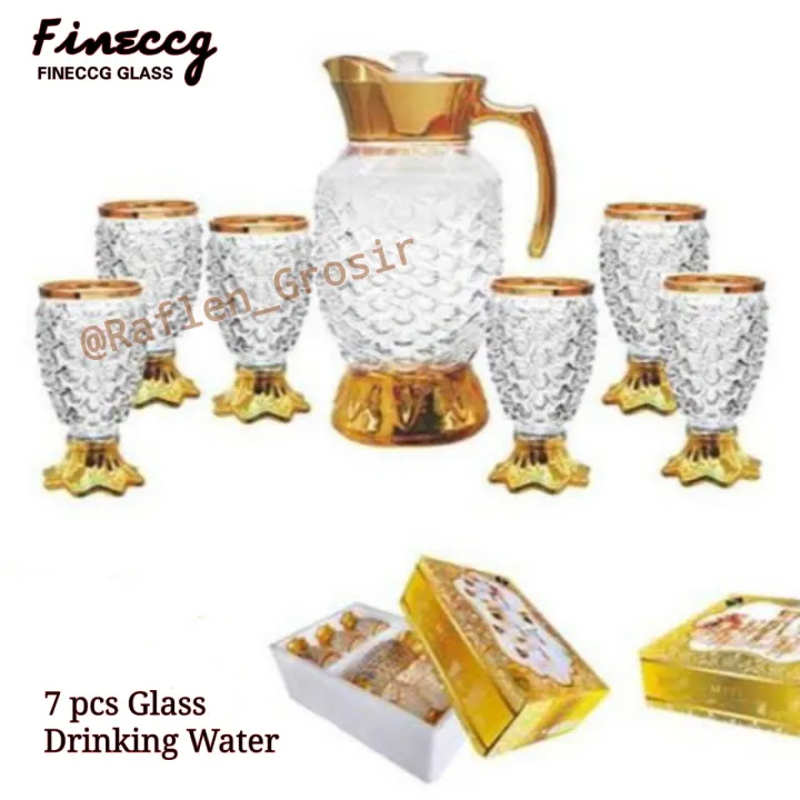 Fineccg Glass 7 Pcs Glass Drinking Water Set 1 Eskan Teko 6 Gelas Model Ikan Bahan Kaca 5922