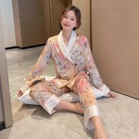 top●2023 Spring Summer New Womens Ice Silk Pajamas National Style Silk Thin Long Sleeve Pants Loose Home Two Piece Set Pyjamas