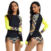 Rashguard Women Long Sleeve Swimsuit Sun Protection Rash Guard Zipper SwimwearTwo Piece Print Surf Shirt Top Triangle Bottom