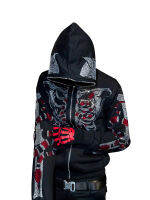 Unisex Gothic Hoodie แขนยาว Hot Fix Skull Zip-Up Sweatshirt พร้อมโครงกระดูกพิมพ์สำหรับ Halloween Streetwear