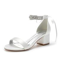 Low Block Heel Wedding Sandal Shoes Open Toe Rhinestones Ribbon Tie Prom Evening Heels Women Bridal Heeled Sandals