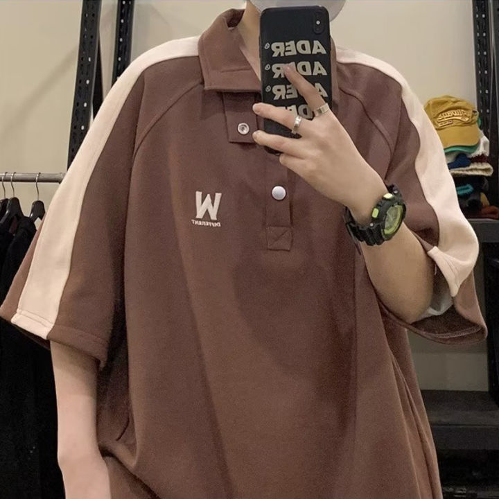 woma-เสื้อเชิ๊ตผู้ชายแขนสั้นอินเทรนด์เสื้อโปโลวินเทจอเมริกันพร้อมปกหรู