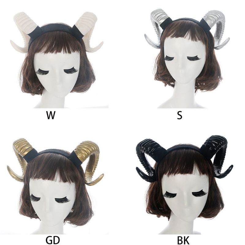 Kafen Gothic Halloween Women Girls Headband Sheep Horn Forest Animal Costume Cosplay Hair Hoop Hair Demon Evil Party Plastic Photo Props gold 