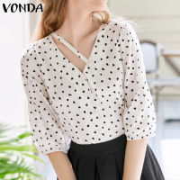 VONDA เสื้อผู้หญิงลายเสื้อเชิ้ตผู้หญิงแขนพองลำลองหลากหลาย (ลำลองเกาหลี)