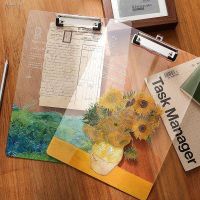 ◊✾ Van Gogh Acrylic Board Clip File Transparent Clip Writing Pad Test Paper Storage School Supplies Stationery With Clip Clipboard