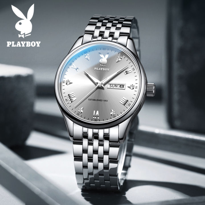 playboy-นาฬิกา-ผู้ชาย-สำหรับผู้ชายแบรนด์ดั้งเดิมกันน้ำ2023สไตล์ล่าสุดเรืองแสงปฏิทินสายเหล็กสแตนเลสสไตล์ธุรกิจ-ของแถม-แว่นกันแดด-นาฬิกาข้อมือผู้ชาย