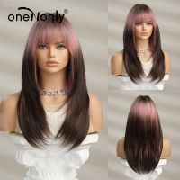 oneNonly Long Brown Pink Wigs for Cosplay Straight Colored Wig with Bangs Party Daily Natural Women Wigs Synthetic Hair [ Hot sell ] TOY CENTER