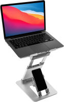 obVus Solutions - minder 2.0 Height-Adjustable Laptop Stand with Integrated Smartphone Holder – Ergonomic, Portable, and Foldable Stand for 10” to 17” Tablets and Laptops Laptop Tower Stand with Phone Holder