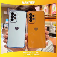 HANNEY สำหรับ Samsung Galaxy A24 A13 A04S A23 A33 A53 A52 A52S A14 A34 A54 A12 4G 5G เคสโทรศัพท์ซิลิโคนอ่อนนุ่มขอบตรงหรูหราชุบหัวใจรักรูปแบบการป้องกันกล้องกันกระแทกฝาหลังปลอก CPH-01