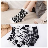 Korean literature art retro black white harajuku color flower zebra milk cow texture cotton girl stockings simple cotton socks