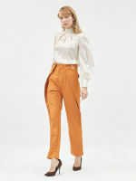 KLOSET HIGH-WAIST  PLEATED DETAIL PANTS(AW21-P005)กางเกงแฟชั่น กางเกงขายาว กางเกงผ้าพื้น เสื้อผ้าแฟชั่น กางเกงแต่งดีเทลด้านข้าง