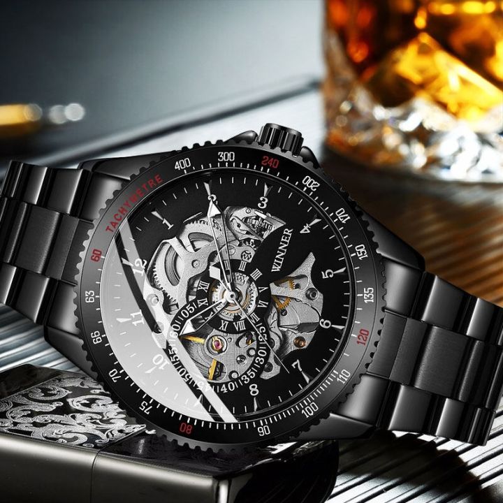 ผู้ชายอัตโนมัตินาฬิกากลไก-winner-men-สแตนเลสสีดำนาฬิกาแฟชั่นโครงกระดูกสตีมพังค์ชายนาฬิกา