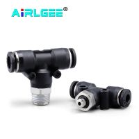 PB4/6/8/10/12 Black T Threaded Tee Shape Air Connector Fitting 1/8" 1/4" M5 3/8" 1/2" BSPT Male Thread Pneumatic Quick Coupler Pipe Fittings Accessori