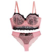 《Be love shop》2022 New Sexy Bow Lace Floral Bras Set For Women Beige Blue Pink Red Yellow ABCDE Cup Push Up Underwear Plus Size Lingerie