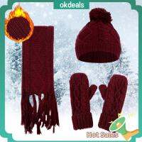 OKDEALS Women Men Non-slip Fleece Scarf Beanie Cap Knitted Mittens Hat Scarf Gloves Set Winter Thick Warm