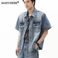 MAYCHEER   เสื้อสีทึบแขนสั้นผู้ชายรู้สึกออกแบบแฟขั่นคู่เสื้อเดนิมใหม่