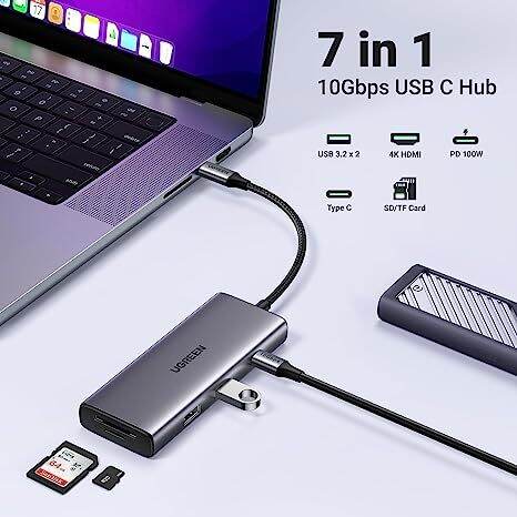 UGREEN Revodok 7 in 1 USB-C Hub with 10Gbps USB-C & 2 USB-A Data Ports ...