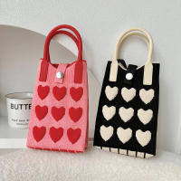 Chic Mobile Phone Bag Commuter Handbag Sweet Love Heart Handbag Fashion Handmade Knit Handbag Portable Shoulder Bag