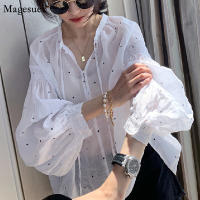 Plus Size Polka Dot Women Shirt Korean Loose Ladies Button Tops Thin See Through Long Sleeve White Blouse Women Fashion 15561