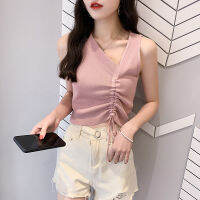 ฤดูร้อนผู้หญิง Crop Tops ถัก Elastic Slim Skew Collar Draw String สั้นเสื้อแขนกุด