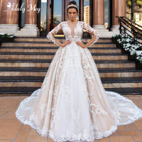 Adoly Mey Luxury Appliques Long Sleeve Beaded A-Line Wedding Dress 2021 Romantic Scoop Neck buttons Vintage Bride Gown Plus Size