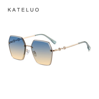 [พร้อมกล่อง] KATELUO A0747ใหม่อินเทรนด์ของผู้หญิงแว่นกันแดดแฟชั่นที่ไม่มีขอบมหาสมุทรชิ้นแว่นตาชื่อใหญ่