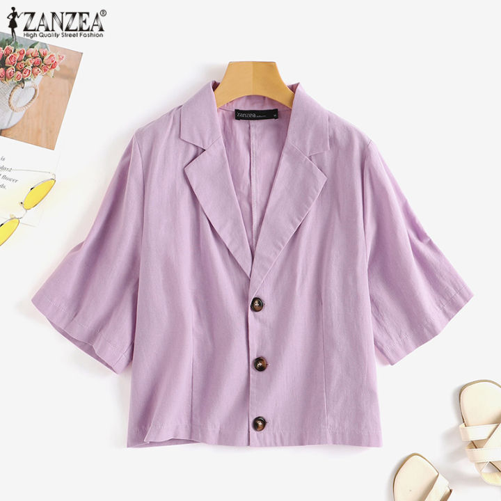 จัดส่งฟรี-zanzea-เสื้อสูทผ้าฝ้ายแขนสั้นสตรี-เสื้อทำงานเสื้อโค้ททรงหลวมลำลองสไตล์เกาหลีจำหน่ายโดย-fancystyle