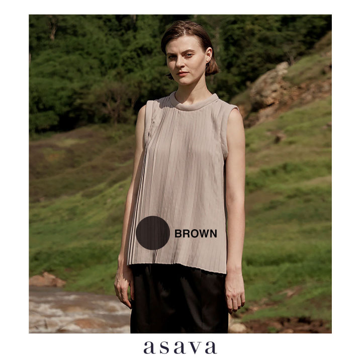 asava-rs22-sleeveless-pleated-blouse-เสื้อผู้หญิง-อาซาว่า-คอกลม-แขนกุด-ผ้าพลีท