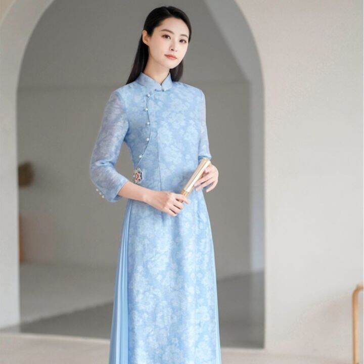 ชุดเดรสสไตล์คลาสสิก-aodai-จากเวียดนาม-ชุดเดรส2023พิมพ์ดอกไม้ผู้หญิงเดรสแขนยาว-aodai-สไตล์ตะวันออกชุดเดรสปาร์ตี้หรูหรา