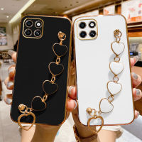 เคสสำหรับ Infinix Smart 7 6 HD 5 5 Pro 4 4C Zero 5G Zero X Zero X Pro พร้อม Love สร้อยข้อมือรูปหัวใจสายโซ่สุดหรูกรอบสี่เหลี่ยมเคลือบ6D แวววาวฝาหลังซิลิโคน Casing Ponsel กันกระแทกสำหรับเด็กผู้หญิง