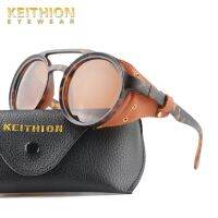 【hot】 KEITHION Fashion SteamPunk Punk Round Polarized Sunglasses Leather Side Shield Brand Design Gradient Glasses