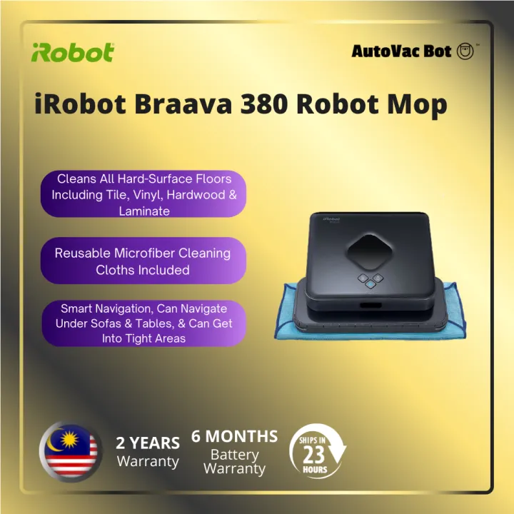 iRobot Braava 380 Advanced Mopping Robot Wet Mopping and Dry Sweeping Cleaning Modes, Large