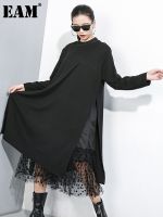 【YF】 [EAM] Women Black Mesh Dot Split Joint Dress New Stand Collar Long Sleeve Loose Fit Fashion Tide Spring Autumn 2023 1B593