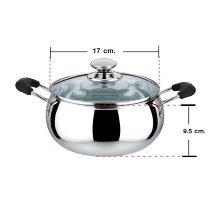 หม้อเกาหลี-2-หู-สแตนเลส-17-cm-พร้อมฝาแก้วและกระบวยสแตนเลส-1-อัน