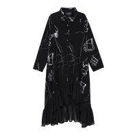 2021New Woman Plus Size Autumn Long Sleeve Black Vintage Shirt Dress Printed Chiffon Ruffles Lady Casual Dress Robe Loose Style 6505