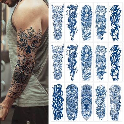 Waterproof Juice Ink Tattoo Sticker Lasting Full Arm Blue Totem Geometric Large Size Sleeve Art Flash Fake Tattoos For Men Women