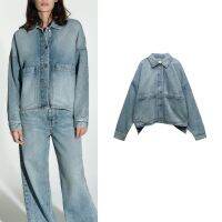 Zara3.6เสื้อแจ็คเก็ตเสื้อเดนิมสั้นมีปกหลวมมีกระเป๋าขนาดใหญ่,เสื้อแจ็คเก็ตอเมริกาแบบย้อนยุคใหม่ฤดูใบไม้ร่วง6840066