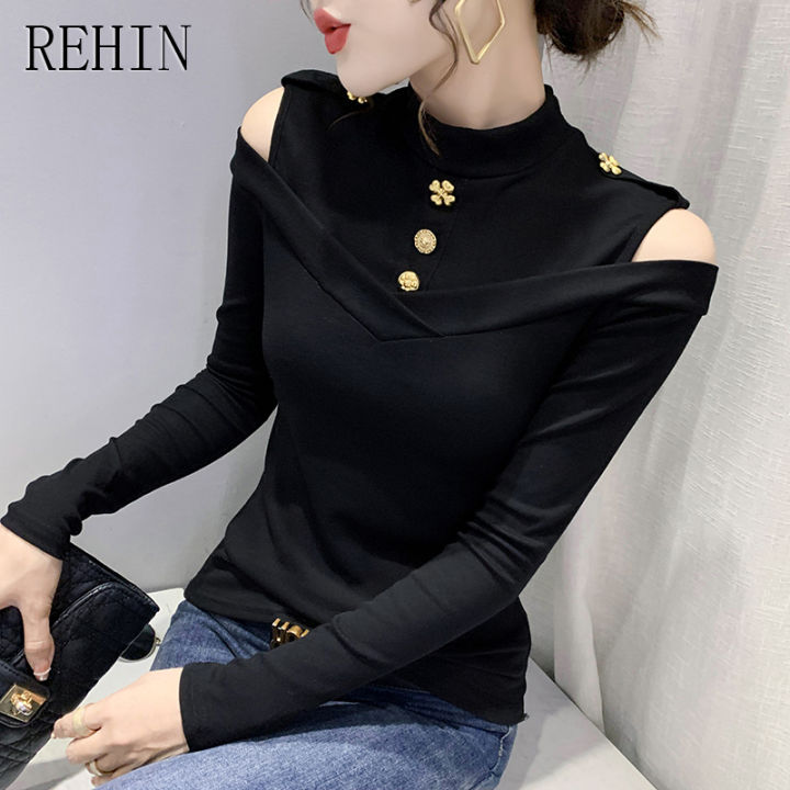 rehin-เสื้อยืดผู้หญิงแขนยาว2023ฤดูใบไม้ร่วง-มาใหม่ล่าสุดเข้ารูปดีไซน์อินเทรนด์เผยให้เห็นไหล่คอสูง