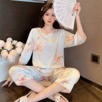 ✔ Ice silk pajamas womens summer Hanfu national style new Chinese style high-end sense suit ancient style home service summer 2023 new style