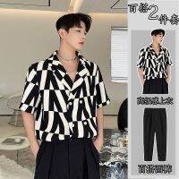 【hot seller】 more summer geometric printing temperament mens long-sleeved Korean version of the niche design sense ruffian handsome drape suit