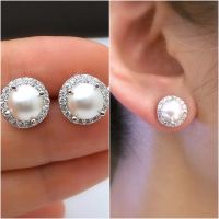 Huitan Simple Elegant Women 39;s Imitation Pearl Earrings Paved with CZ Stone Versatile Ear Accessory Wedding Party Trendy Jewelry