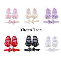 Thorn Tree 2 ชิ้นทารกแรกเกิดเด็กผู้หญิง Bow Flats Beaded Bow Princess รองเท้าชุดรองเท้าเดินและชุดคาดศีรษะ 0-1Y