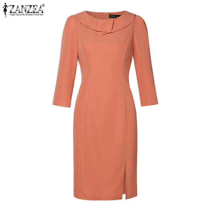 สินค้ามาใหม่-จัดส่งฟรี-fancystyle-zanzea-ชุดซันเดรสสไตล์เกาหลีของผู้หญิงเที่ยวกลางคืนชุดเดรสผ่าหรูหราแขน3-4ชุดเดรสมิดีเรียบ-11