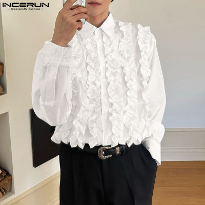INCERUN เสื้อยืดแขนยาวสำหรับผู้ชายเสื้อเชิ้ตมีปกชุดปาร์ตี้แฟนซีกระดุมเสื้อ (สไตล์เกาหลี)