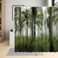 Green Plants Scenery Bathroom Curtains Beach Coconut Tree Shower Curtain Waterproof Polyester Bathtub Decor Screen With Hooks
