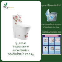 CITY ชักโครกห้องน้ำรุ่นประหยัดน้ำ รุ่น2284-E สุขภัณฑ์ชิ้นเดียวสีขาว ลายดอกกุหลาบ