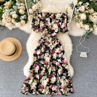 Short Sleeve Floral Chiffon Dress Women Korean High Waist Slit Midi Dresses