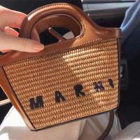 2022 summer Marniˉ straw bag portable vegetable basket bag stitched leather woven beach bag messenger bag